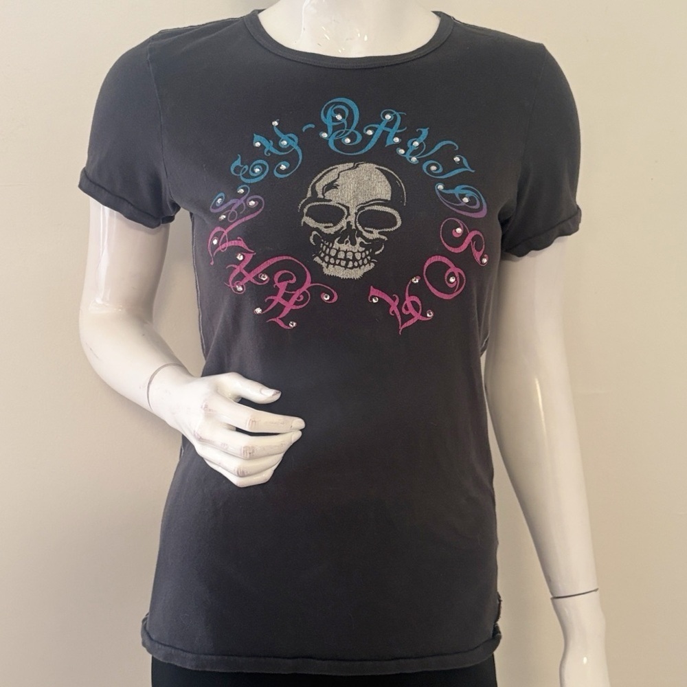 Vintage Y2K Harley Davidson Skull & Logo Graphic Print T-Shirt w Rhinestones
